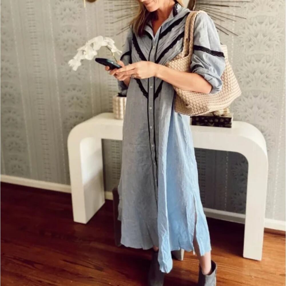 Tuckernuck Light Blue Maxi Shirt Dress with Navy Trim - Picture 4 of 9